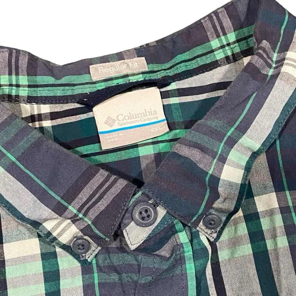 Columbia Mens 2XL Blue Green Plaid Regular Fit Short Sleeve Button Front Shirt‎